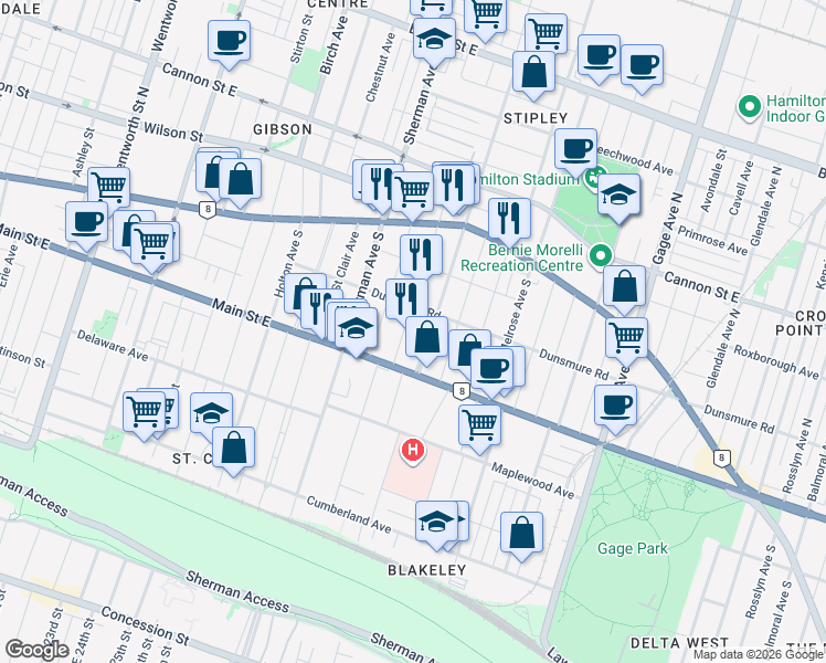 map of restaurants, bars, coffee shops, grocery stores, and more near in Hamilton