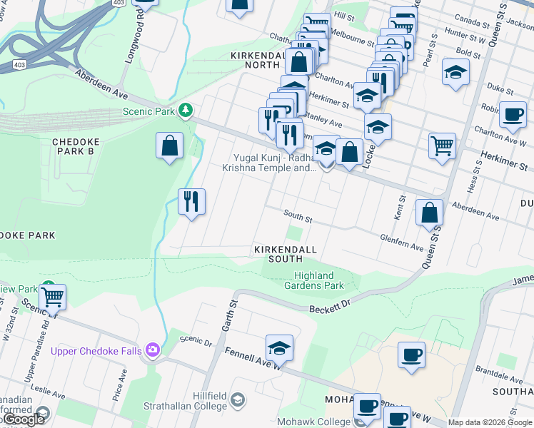 map of restaurants, bars, coffee shops, grocery stores, and more near 481 Dundurn Street South in Hamilton