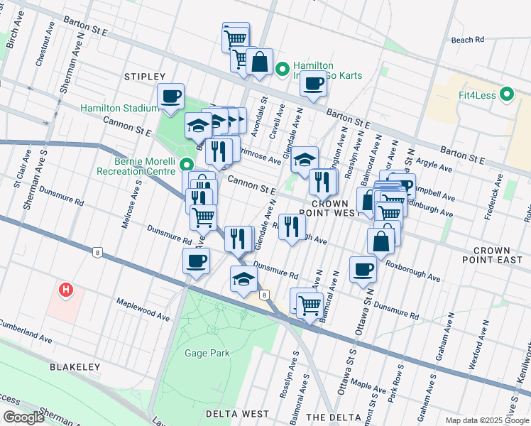 map of restaurants, bars, coffee shops, grocery stores, and more near 73 Glendale Avenue North in Hamilton