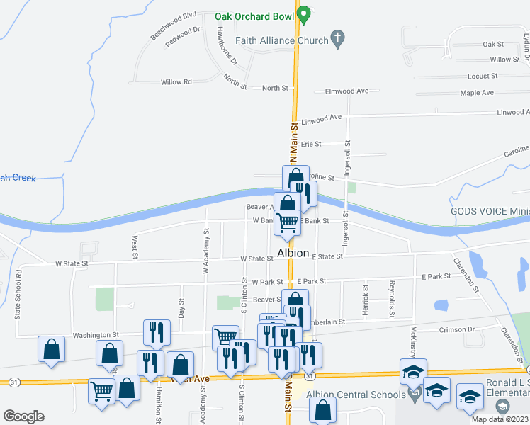 map of restaurants, bars, coffee shops, grocery stores, and more near 103 West Bank Street in Albion