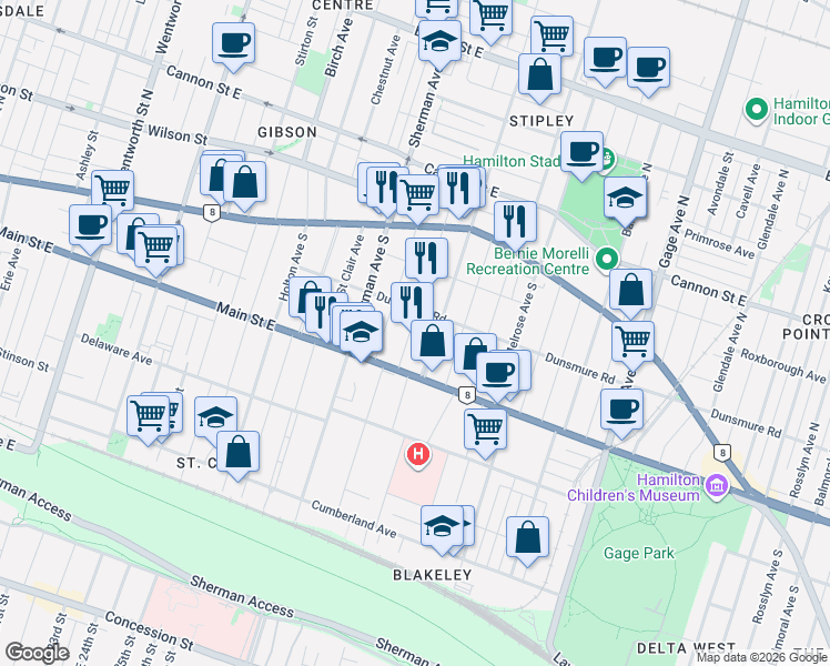 map of restaurants, bars, coffee shops, grocery stores, and more near in Hamilton