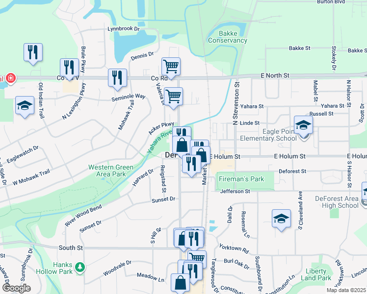 map of restaurants, bars, coffee shops, grocery stores, and more near 107 Carriage Way in DeForest