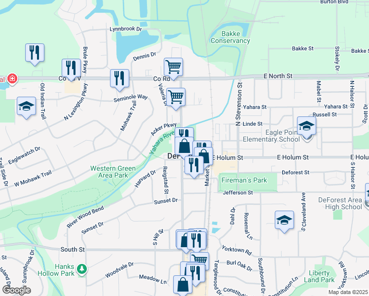 map of restaurants, bars, coffee shops, grocery stores, and more near 107 Carriage Way in DeForest
