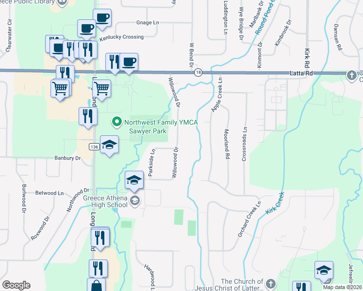 map of restaurants, bars, coffee shops, grocery stores, and more near 11 Parkside Lane in Rochester