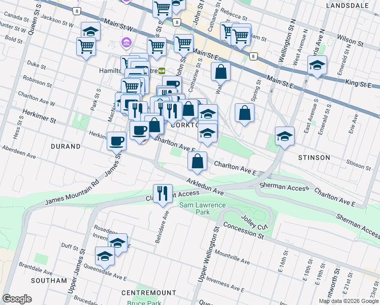 map of restaurants, bars, coffee shops, grocery stores, and more near in Hamilton