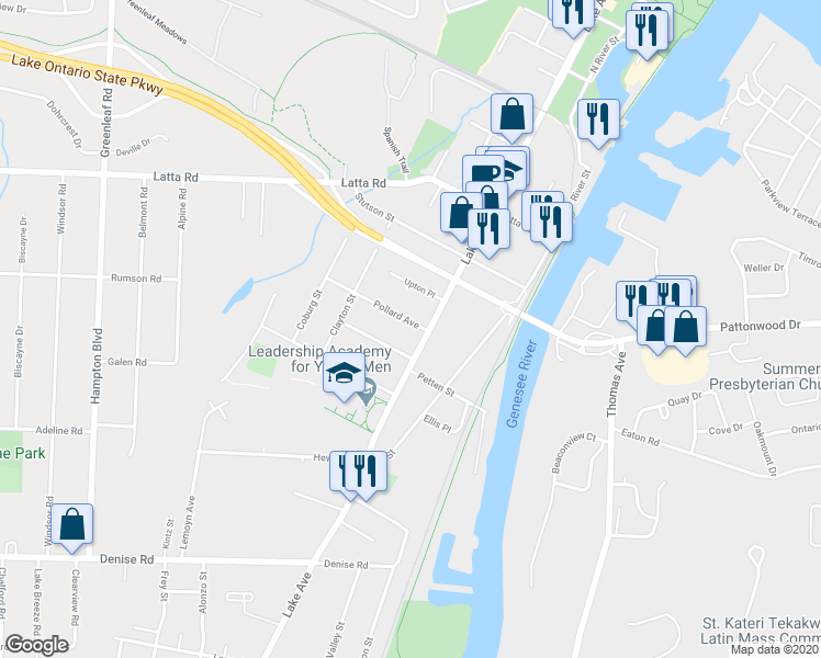 map of restaurants, bars, coffee shops, grocery stores, and more near 17 Pollard Avenue in Rochester