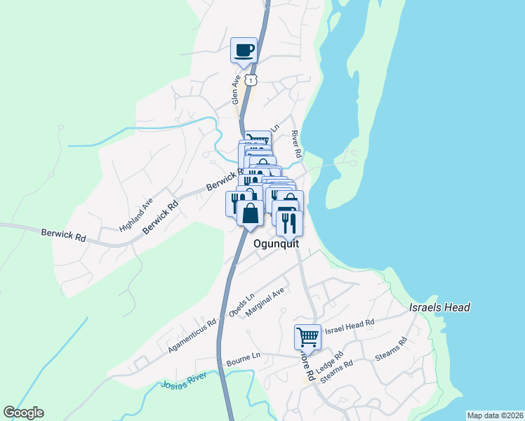 map of restaurants, bars, coffee shops, grocery stores, and more near 38 Shore Road in Ogunquit