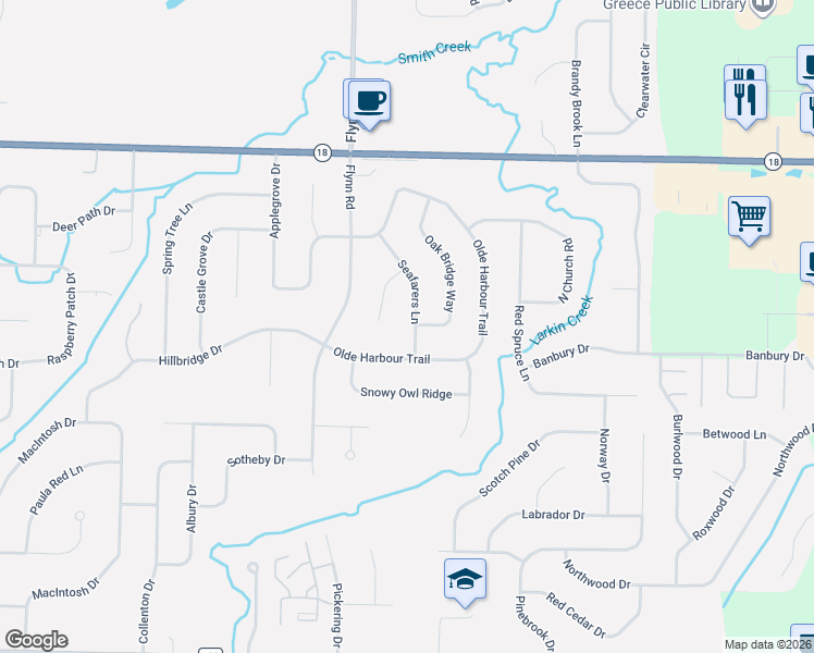 map of restaurants, bars, coffee shops, grocery stores, and more near 117 Seafarers Lane in Rochester