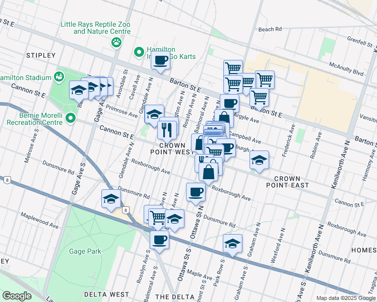 map of restaurants, bars, coffee shops, grocery stores, and more near in Hamilton