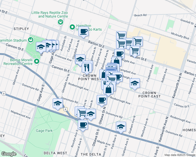 map of restaurants, bars, coffee shops, grocery stores, and more near 1159 Cannon Street East in Hamilton