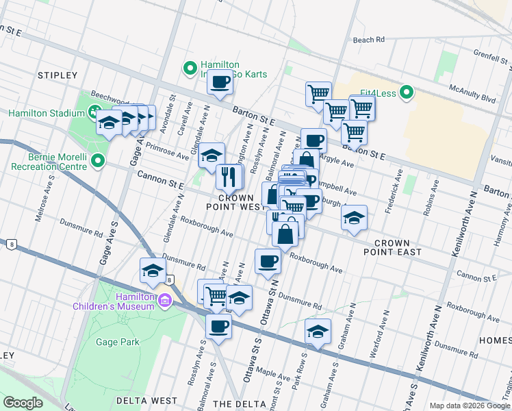 map of restaurants, bars, coffee shops, grocery stores, and more near in Hamilton