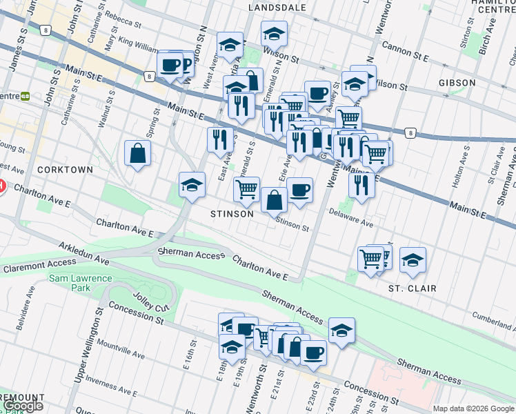 map of restaurants, bars, coffee shops, grocery stores, and more near in Hamilton