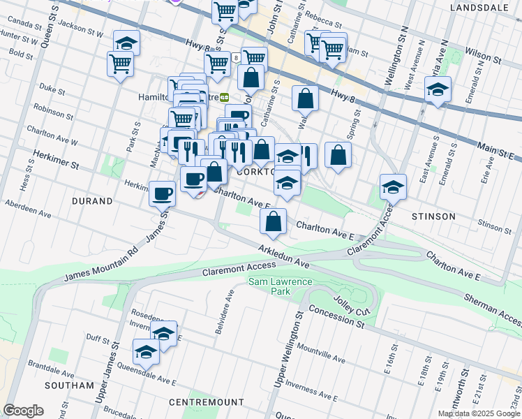map of restaurants, bars, coffee shops, grocery stores, and more near in Hamilton