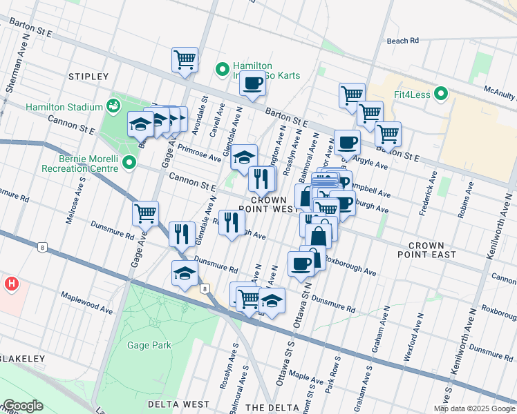 map of restaurants, bars, coffee shops, grocery stores, and more near Kensington Avenue North in Hamilton