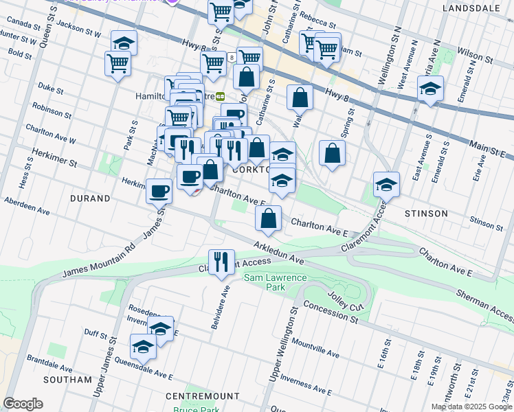 map of restaurants, bars, coffee shops, grocery stores, and more near 150 Charlton Avenue East in Hamilton