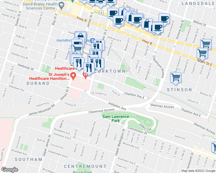 map of restaurants, bars, coffee shops, grocery stores, and more near 123 Saint Joseph's Drive in Hamilton