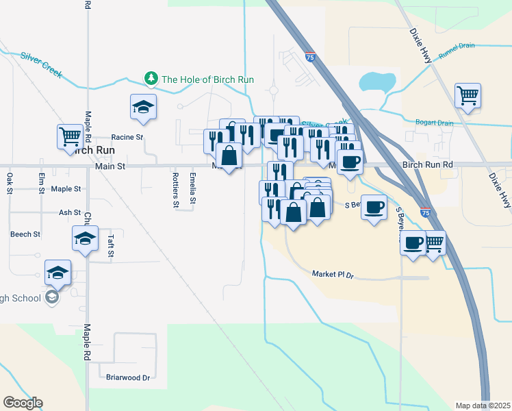 map of restaurants, bars, coffee shops, grocery stores, and more near 12139 Ulmer Road in Birch Run