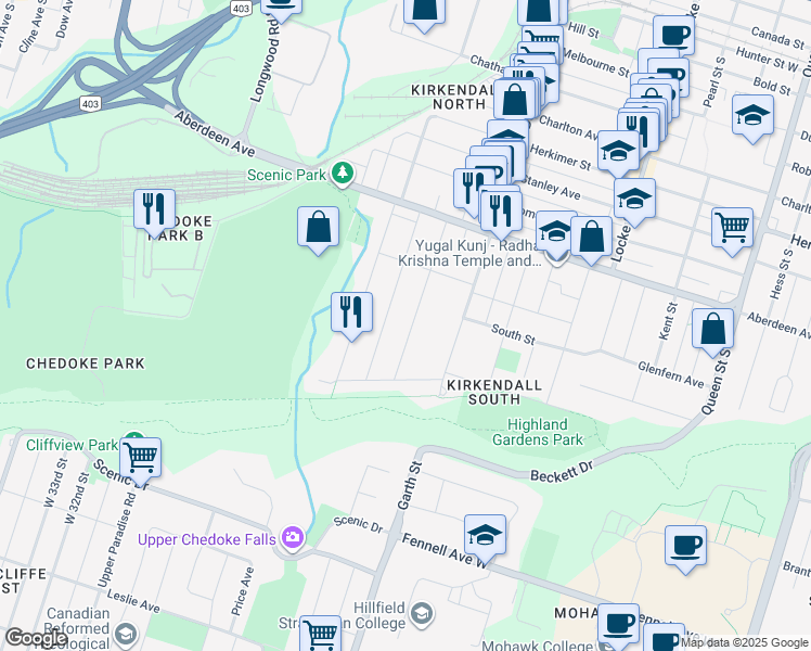 map of restaurants, bars, coffee shops, grocery stores, and more near 110 Hyde Park Avenue in Hamilton