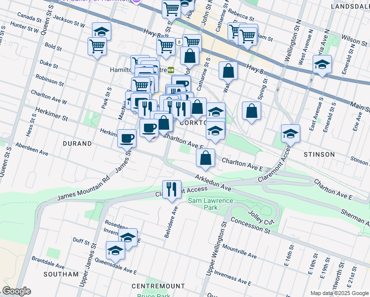 map of restaurants, bars, coffee shops, grocery stores, and more near 90 Charlton Avenue East in Hamilton