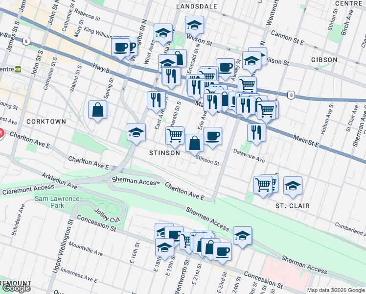map of restaurants, bars, coffee shops, grocery stores, and more near 155 Stinson Street in Hamilton