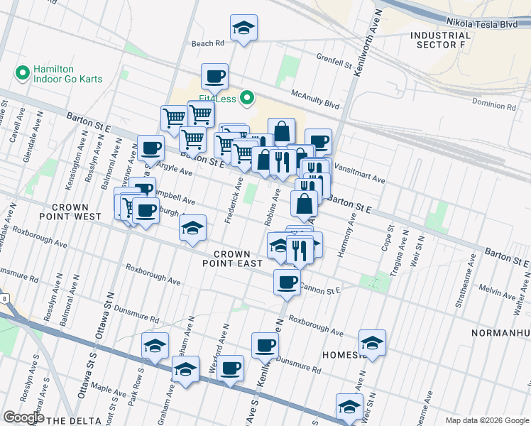 map of restaurants, bars, coffee shops, grocery stores, and more near 95 Robins Avenue in Hamilton