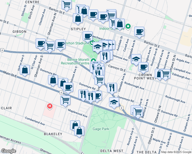 map of restaurants, bars, coffee shops, grocery stores, and more near in Hamilton