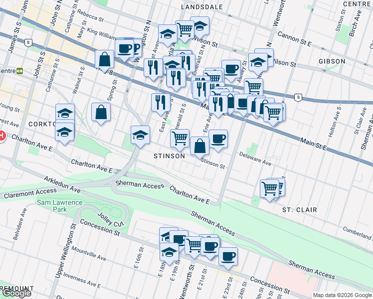 map of restaurants, bars, coffee shops, grocery stores, and more near 140 Stinson Street in Hamilton