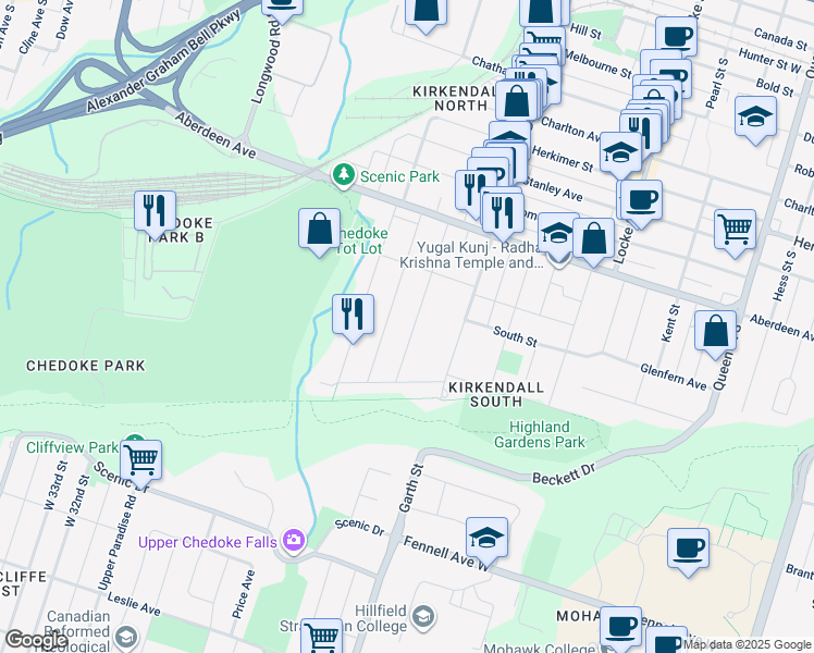 map of restaurants, bars, coffee shops, grocery stores, and more near 121 Hyde Park Avenue in Hamilton