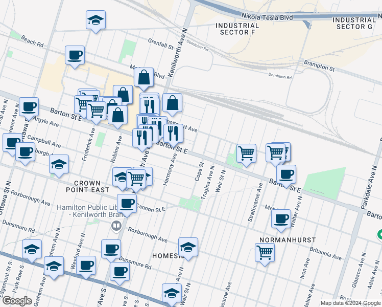 map of restaurants, bars, coffee shops, grocery stores, and more near Barton Street East in Hamilton