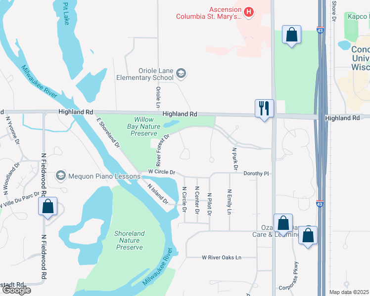 map of restaurants, bars, coffee shops, grocery stores, and more near 12662 North River Forest Circle in Mequon
