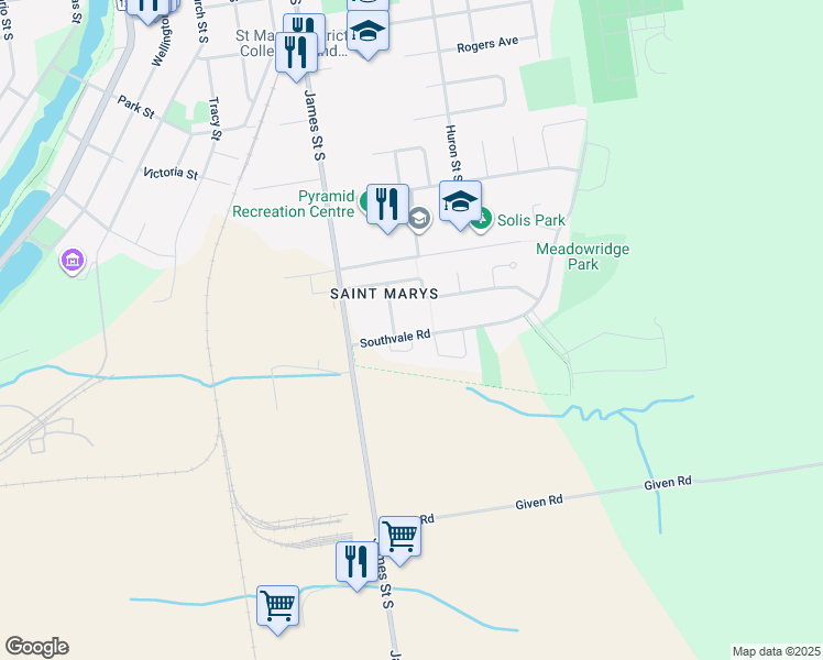 map of restaurants, bars, coffee shops, grocery stores, and more near 33 Southvale Road in Saint Marys