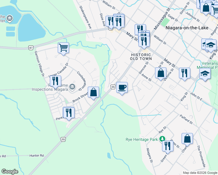 map of restaurants, bars, coffee shops, grocery stores, and more near 53 Aberdeen Lane South in Niagara-on-the-Lake
