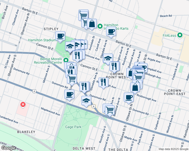 map of restaurants, bars, coffee shops, grocery stores, and more near 63 Glendale Avenue North in Hamilton