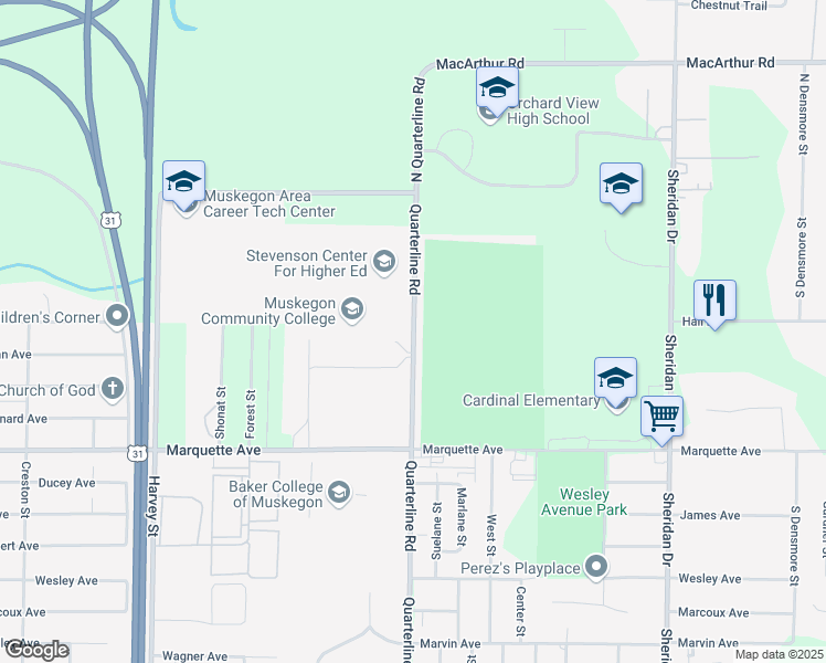 map of restaurants, bars, coffee shops, grocery stores, and more near 221 Quarterline Road in Muskegon