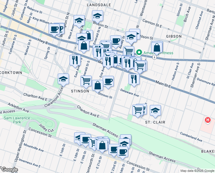 map of restaurants, bars, coffee shops, grocery stores, and more near 75 Ontario Avenue in Hamilton
