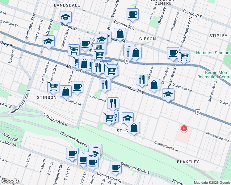 map of restaurants, bars, coffee shops, grocery stores, and more near 30 Gladstone Avenue in Hamilton