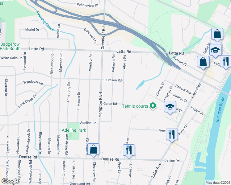 map of restaurants, bars, coffee shops, grocery stores, and more near 121 Belmont Road in Rochester