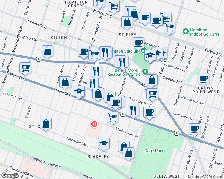map of restaurants, bars, coffee shops, grocery stores, and more near 79 Spadina Avenue in Hamilton