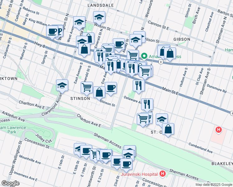 map of restaurants, bars, coffee shops, grocery stores, and more near in Hamilton