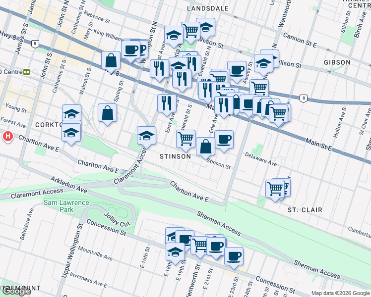 map of restaurants, bars, coffee shops, grocery stores, and more near 140 Stinson Street in Hamilton