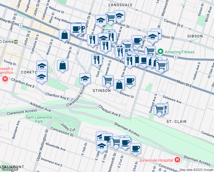 map of restaurants, bars, coffee shops, grocery stores, and more near 140 Stinson Street in Hamilton