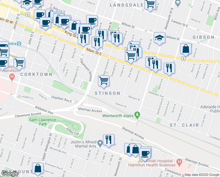 map of restaurants, bars, coffee shops, grocery stores, and more near 140 Stinson Street in Hamilton