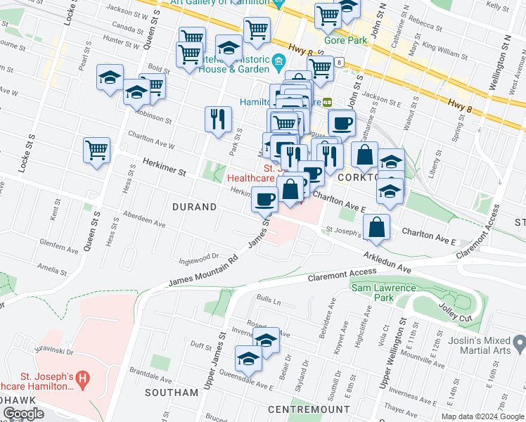 map of restaurants, bars, coffee shops, grocery stores, and more near 1 Markland Street in Hamilton