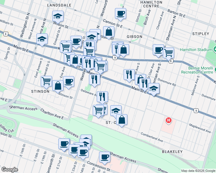 map of restaurants, bars, coffee shops, grocery stores, and more near in Hamilton