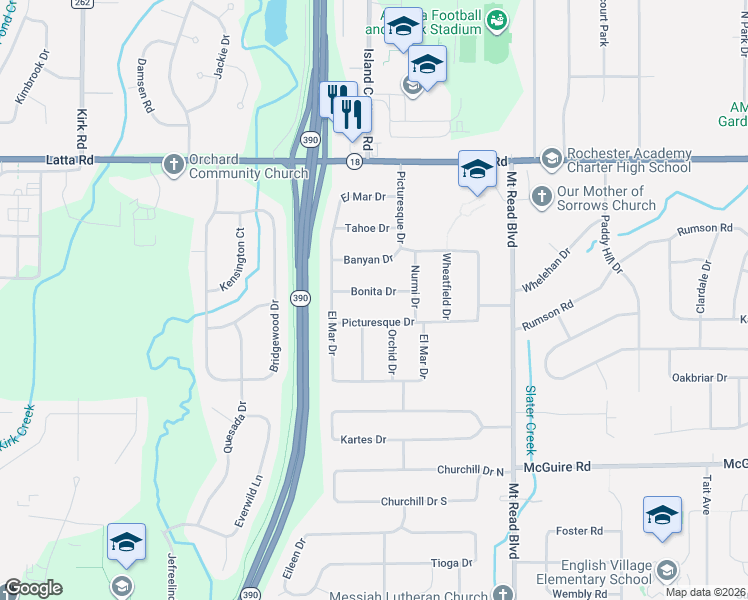 map of restaurants, bars, coffee shops, grocery stores, and more near 9 Picturesque Drive in Rochester