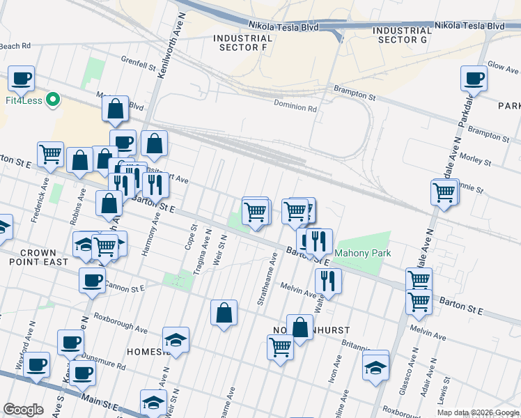 map of restaurants, bars, coffee shops, grocery stores, and more near 352 Fairfield Avenue in Hamilton