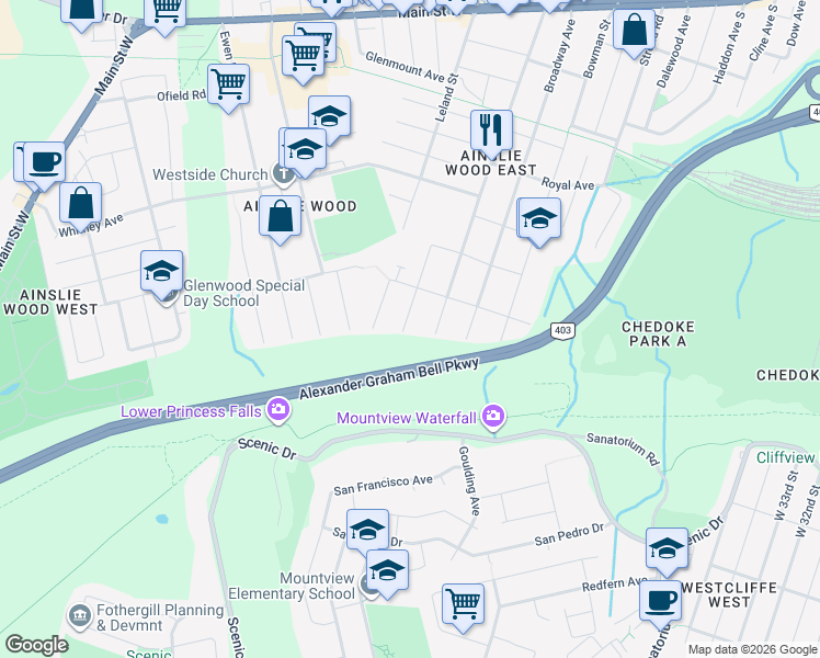 map of restaurants, bars, coffee shops, grocery stores, and more near 117 Hillview Street in Hamilton