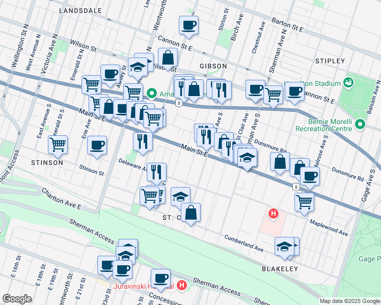 map of restaurants, bars, coffee shops, grocery stores, and more near 656 Main Street East in Hamilton