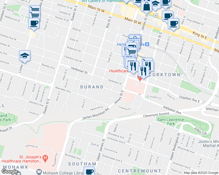 map of restaurants, bars, coffee shops, grocery stores, and more near 40 Saint James Place in Hamilton