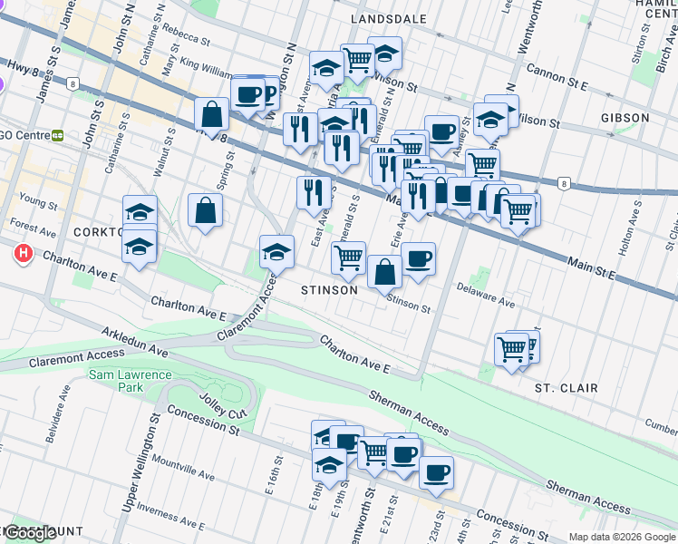 map of restaurants, bars, coffee shops, grocery stores, and more near 147 Emerald Street South in Hamilton